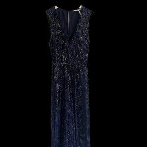 Stunning BCBG Generation Celestial Gold and Blue Velvet Midi Jumpsuit in XS